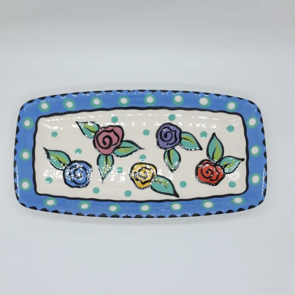 Chris Bubany Hand-Painted Art Pottery Ceramic Floral Platter Tray 10